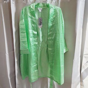 KAthryn Womens Robe Large‎ XL Green Polka Dot Satin Short Kimono Vintage 13676